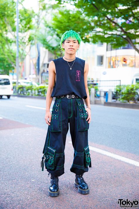 Harajuku Guy w/ Green Hair, M.Y.O.B. Sleeveless Tee, Tripp NYC Pants & Dr. Martens Boots Tripp Nyc Pants Outfit, Sleeveless Tee Outfit, Tripp Pants Outfit, Tripp Nyc Outfit, Street Punk Fashion, Punk Street Fashion, Enby Outfits, Tripp Nyc Pants, Punk Street Style