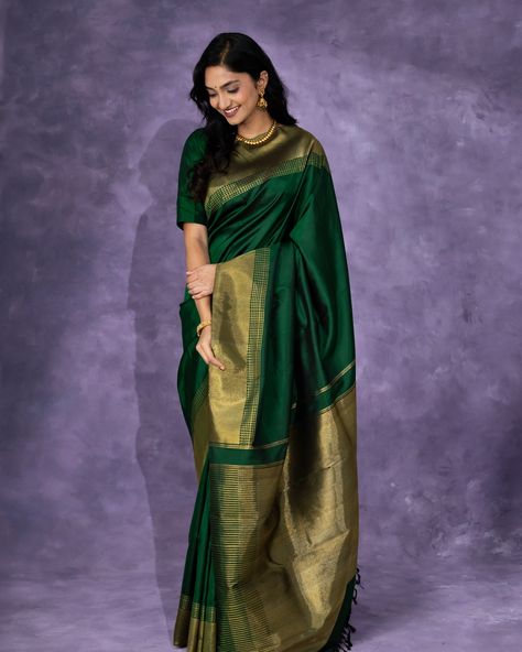 Leila | The Dark Beauty This bottle green Kanjeevaram silk saree has bavanchi border and zari checks interlocked with special double korvai technique. [Summer Collection, Kanchipuram silk saree, Tulsi Silks, Tulsi, Tulsi Weaves, Kanjeevaram Pattu, Handwoven sarees, Kanchipuram, Pure Silk Sarees, Handwoven silk saree, Trending silk saree, bridal silk saree] Green Silk Saree Wedding, Green Kanchipuram Saree, Dark Green Silk Saree, Green Pattu Saree, Bottle Green Saree, Saree Trending, Silk Saree Bridal, Tulsi Silks, Green Silk Saree