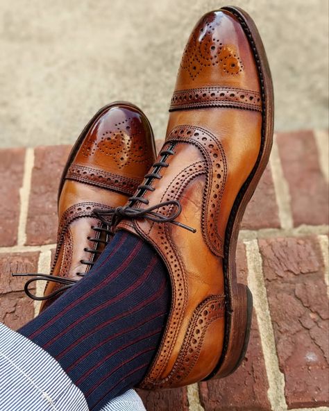 For your viewing pleasure.  @allenedmonds Strands with a custom patina paired with @vicceldresssocks shadow stripe.  I had posted strands… Two Tone Brogues, Office Shoes Men, Cognac Shoes, Mens Party Wear, Mens Brown Dress Shoes, Gents Shoes, Mens Socks Fashion, Der Gentleman, Cap Toe Shoes