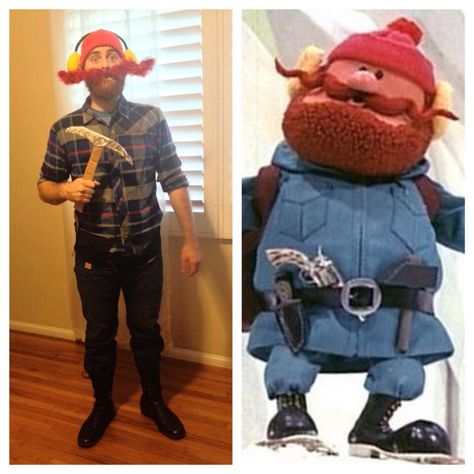 Yukon Cornelius DIY Halloween Costume. All you need is a red mustache, red beanie, yellow ear muffs, a flannel shirt, old snow boots. Make the cardboard cut outs of an ice pick, gun and hammer for the belt! Great Halloween costume for men! Abominable Snowman Costume, Christmas Character Costumes, Yukon Cornelius, Christmas Movie Characters, Christmas Parade Floats, Snowman Costume, Movie Character Costumes, Easy Diy Costumes, Clever Halloween Costumes