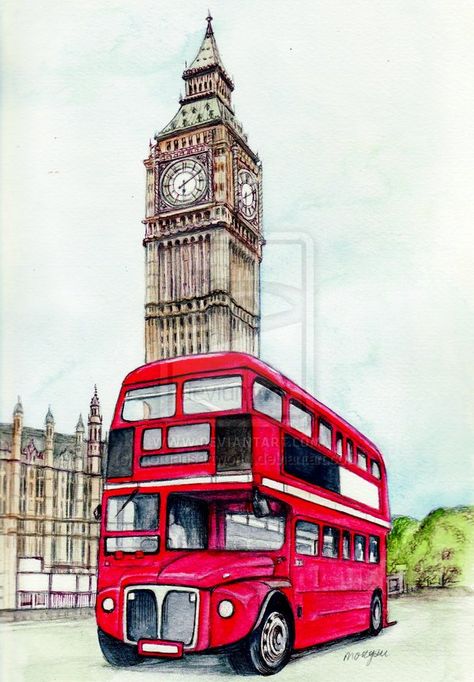 London Artwork, London Drawing, London Illustration, London Painting, Big Ben Clock, Decker Bus, Double Decker Bus, London Bus, Gcse Art