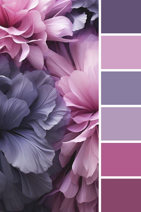 Violet Palette Colour Schemes, Purple And Pink Colour Palette, Flower Palette Color, Purple Hues Colour Palettes, Jewel Tone Color Palette Interior, Pink Color Palette Combination, Purple Shades Colour Palettes, Purple Pallete Color Combinations, Dusty Purple Color Palette