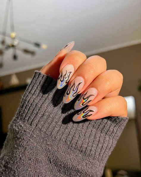 Flame Neon Nails, Sparkle Flame Nails, Almond Nails With Flames, Nails With Flames Design, Almond Nails Flames, Sparkly Flame Nails, Chrome Flames Nails, Nail Art Designs Flames, Post Malone Nails Design