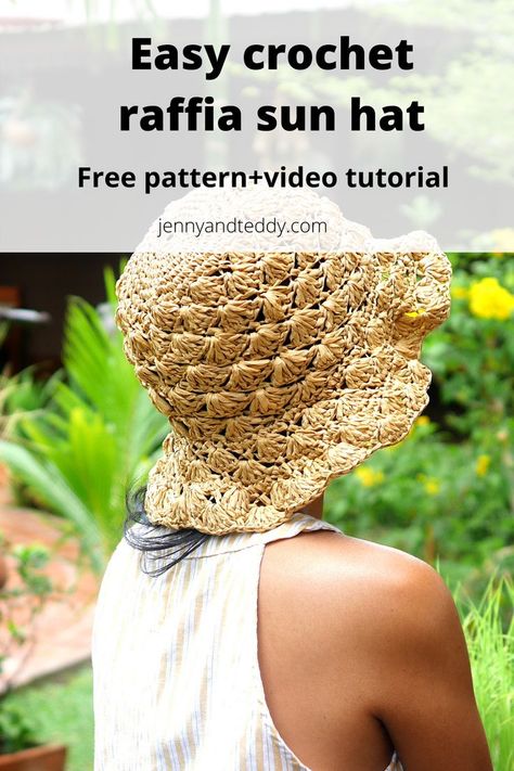 Make this easy crochet raffia sun hat with full step by step video tutorial on jennyandteddy crochet blog. Raffia Hat Crochet Pattern, Easy Crochet Sun Hat Free Pattern, Crochet Raffia Sun Hat Pattern, Raffia Hat Pattern, Summer Hat Crochet Pattern, Crochet Raffia Hat, Rafia Hat, Crochet Hats Free Pattern Ladies, Crochet Lanyard