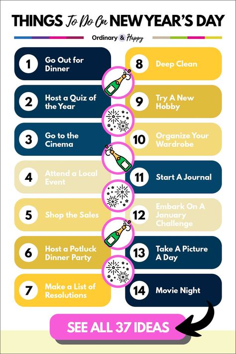 Things To Do on New Year�’s Day (The Ultimate List of Ideas) New Years Eve To Do List, New Year To Do List, New Years Things To Do, Things To Do In The New Year, Things To Do Before The New Year, Things To Do On New Years Eve For Teens, Fun New Year's Resolutions, New Year’s Eve Countdown Activities, Clean Dinners