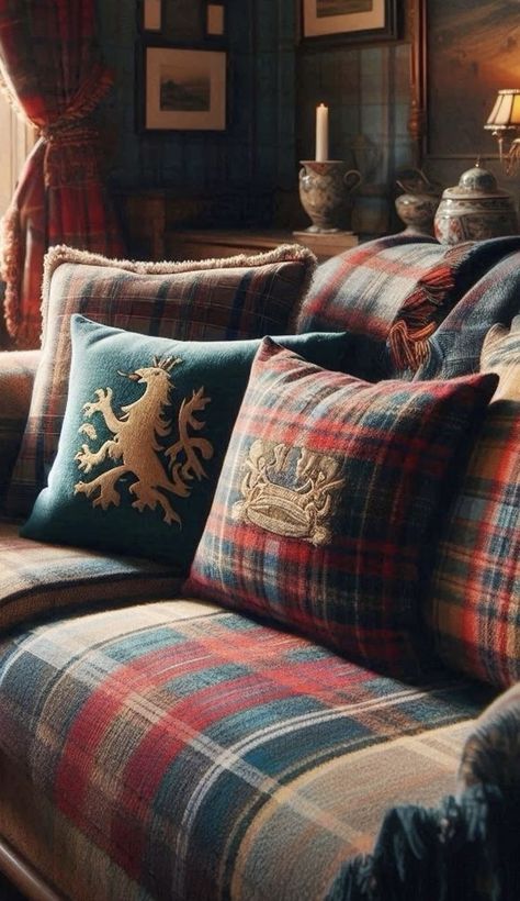 Ralph Lauren Home Living Room, Modern Chateau, Tartan Plaid Pillows, Tartan Decor, Scottish Interiors, Scottish Decor, Plaid Pillows, Scottish Homes, English Country Decor