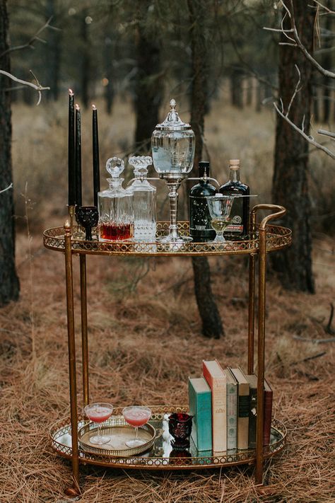 Vintage Bar Cart Styling, Wedding Bar Cart, Gothic Bar, Porch Styling, Enchanted Halloween, Halloween Bridal Showers, Victorian Bar, Victorian Botanical, Bedroom Elegant