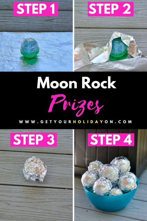 To make the moon rock hunt. What you will need to do is add a party favor, trinket, miniature toy, or a candy prize to the capsule. The second thing you'll do is wrap the capsule in aluminum foil. Creating a moon rock shaped form. #teachers #teaching #learning #momlife Space Birthday Party Activities, School Lockdown, Space Week, Galaxy Birthday, Astronaut Party, Space Theme Party, Astronaut Birthday, Moon Party, Outer Space Birthday