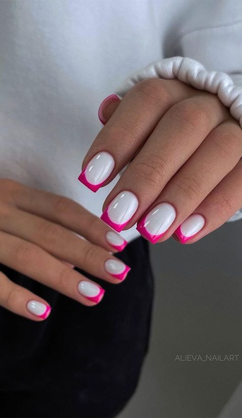 bright pink french tips, pink french tips, french tip nails, french manicure, modern french tips, french nails, french colored tips Nail Shapes Square, Short French Tip Nails, Gel Nail Set, Pink French Nails, Square French, French Tip Nail Designs, Short Coffin Nails, Pink French, Nail Forms