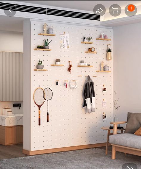 Hole Board Wall, Pegboard Wall Ideas Office, Plywood Pegboard Wall, Custom Pegboard, Modern Pegboard, Peg Board Walls, Peg Wall, Mud Room Entry, Cleaning Inspiration