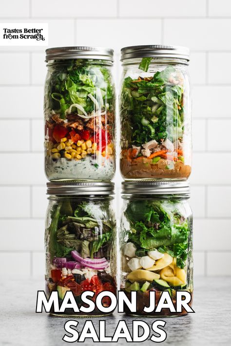 Four Mason Jar Salads perfect for meal prep all week! Mason Jar Soup Meal Prep, Mason Jar Salad Vegan, Mason Jar Lunch Ideas Not Salad, Jar Salads Mason Healthy Lunches, Salad Meal Prep Mason Jar, Seasonal Meal Planning, Mason Jar Meal Prep, Mason Jar Lunch, Salad Jar Recipe