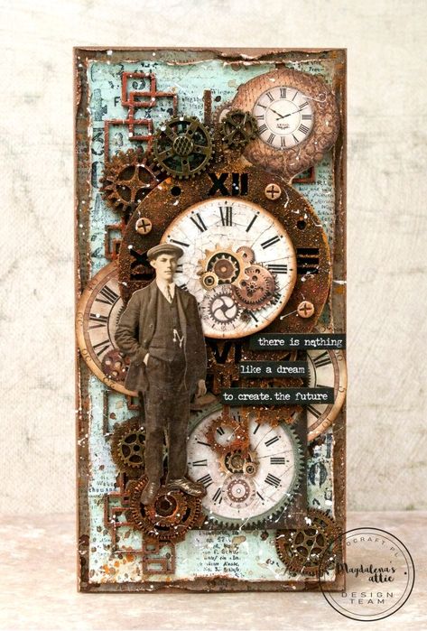 Steampunk Mixed Media Art, Steampunk Cards, Timmy Time, Tim Holtz Tags, Steampunk Mixed Media, Man Cards, Altered Canvas, Mens Cards, Steampunk Crafts