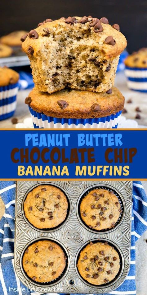 Fluffy Banana Muffins, Easy Breakfast Muffins, Chocolate Peanut Butter Muffins, Chocolate Chip Banana Muffins, Banana Butter, Peanut Butter Muffins, Breakfast Muffin, Peanut Butter Banana Muffins, Chocolate Chip Banana