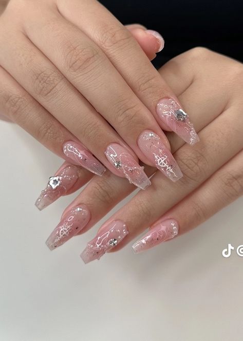 Cutesy cyber baby pink tapered coffin GelX nail inspo! 💗🌷 Everyday nails, Nail art, 3D nail art, Nail charms, Korean jelly nail, Silver chrome Jelly Nails With Charms, Nail Inspo With Charms, Korean Jelly Nails, Tapered Coffin, Regular Nails, Nail Silver, Nails With Charms, Everyday Nails, Mail Inspo