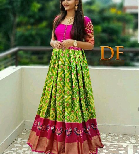 Pochampally Anarkali Dress, Ikkat Long Frocks Indian, Ikkat Gown Designs, Pochampally Long Frocks Designs, Patola Gown Designs, Ikkat Half Sarees, Dola Silk Long Frocks, Pochampally Long Frocks, Pochampally Dress Designs