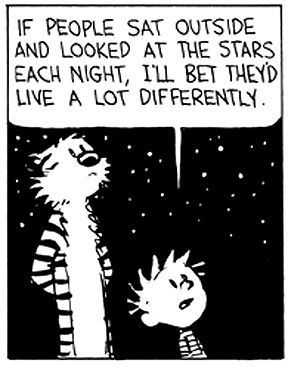 Calvin & Hobbes  If people sat outside and looked at the stars each night I'll bet they'd live a lot differently... Sufjan Stevens, Look At The Stars, Naha, Calvin And Hobbes, Radiohead, Nature Quotes, Comic Strip, Pretty Words, Pretty Quotes