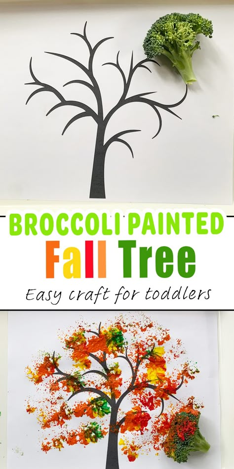 Broccoli Painted Fall Tree Craft with free printable - Happy Toddler Playtime Harvest Toddler Crafts, Painting With Broccoli, Preschool Fall Tree Crafts, Fall Preschool Crafts Free Printable, November Toddler Activities, November Toddler Crafts, Toddler Fall Art, Broccoli Painting, Tree Crafts For Toddlers