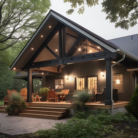 Vaulted Porch Ceiling Covered Patios, Outdoor Covered Porch Ideas, Back Deck With Roof Ideas, Farmhouse Gable Porch, Hipped Roof Porch, Front Porch Ceiling Ideas, Wood Cathedral Ceiling, Open Gable Front Porch, Roof Lines Addition