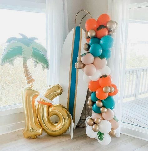 Surfer Party Decorations, Surf Party Theme, Surf Party Decor, Waves Four Days Birthday, Diy Surfboard Decor Party, Summer Event Decor, Beachy Graduation Party, Surfer Theme Birthday Party, Surf Party Food