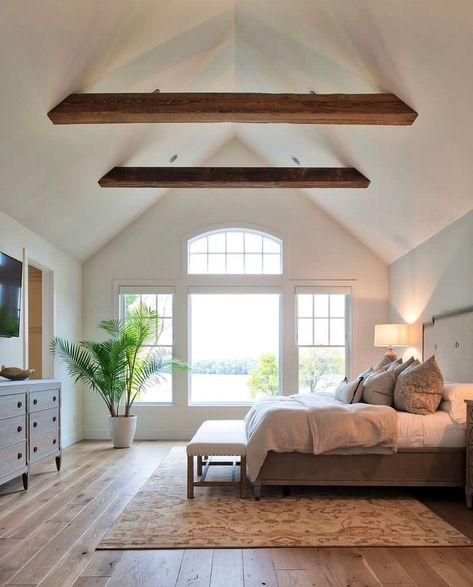 27 Vaulted Bedroom Ceiling Ideas You Should Try - Drop By My Home Vaulted Ceiling Bedroom, Vaulted Ceiling Ideas, Pitched Ceiling, Vaulted Ceiling Living Room, Bedroom Addition, Home Addition, Attic Bedroom, Bedroom Ceiling, Cathedral Ceiling