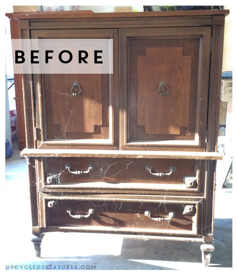 Want to see a piece of furniture completely change? Check out the Before and After photos of this upcycled mid century armoire! MountainModernLife.com Dresser Paint, Wax Furniture, Armoire Repurpose, Armoire Diy, Furniture Recycling, Modern Armoire, Chalk Paint Makeover, Armoire Makeover, Armoire Dresser