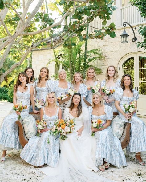 Cottagecore Wedding Bridesmaids, Wedding Party Floral Dresses, Bridgerton Wedding Bridesmaid Dresses, Chinoiserie Bridesmaid Dress, Bridgerton Inspired Bridesmaid Dresses, English Country Wedding Theme, Bridesmaid Dresses Garden Wedding, Garden Party Bridesmaids, Bridgeton Wedding