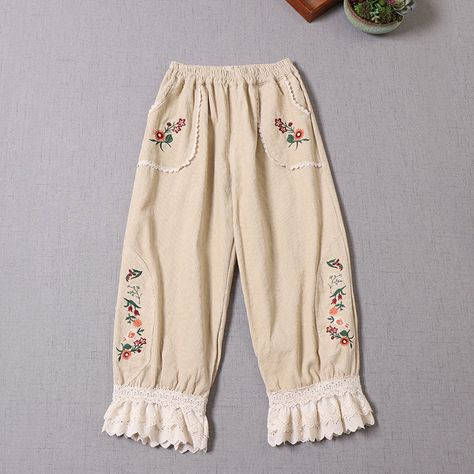 Cottagecore Pants, Preppy Kids Outfits, Ivory Pants, Retro Fairy, Embroidery Pants, Preppy Kids, Retro Embroidery, Lace Diy, Baby Pattern