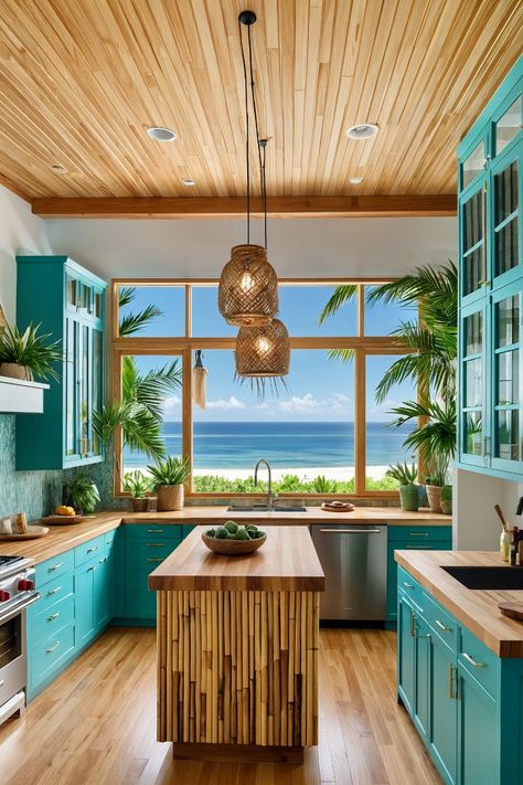 15 Stunning Coastal Kitchen Ideas You Need to See – Transform Your Space with Beachy Vibes! - Cabin Nook Boho Beach House Kitchen, Hawaiian Kitchen Design Ideas, Surf House Kitchen, Boho Beach House Surf Shack, Modern Tropical Kitchen, Small Beach House Kitchen, Hawaii House Interior, Hawaiian Beach House, Hawaii Kitchen