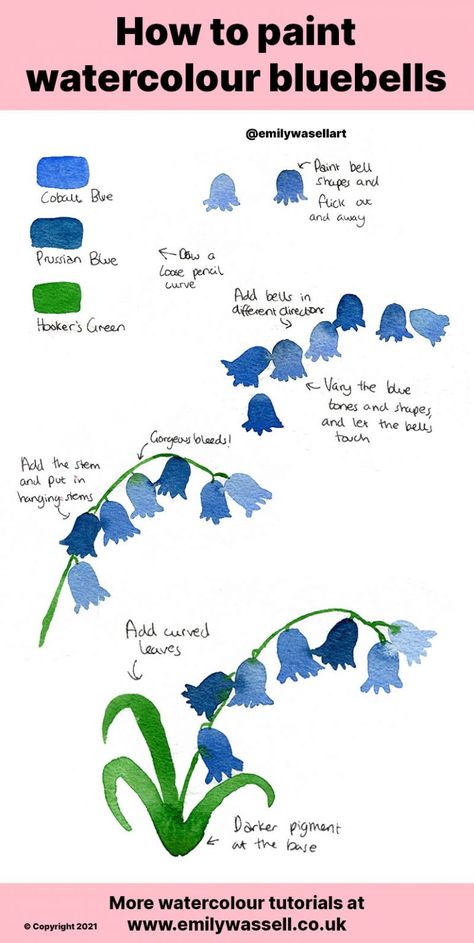 Bluebells Watercolour Paintings, Blue Water Colour Flowers, How To Paint Watercolour Flowers, How To Watercolour Paint, Bluebells Flower Drawing, Watercolor Paint Tutorial, How To Paint Flowers Watercolor, Flower Tutorial Painting, Watercolour Flowers Tutorial