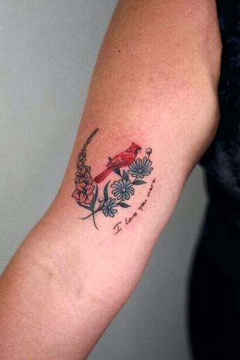 Cardinal And Lily Of The Valley Tattoo, Delicate Cardinal Tattoo, Tattoos With Cardinals, Cardinal Tattoos Memorial, Cardinal And Sunflower Tattoo, Cardinal And Hummingbird Tattoo, Cardinal With Flowers Tattoo, Cardinal Flower Tattoo, Cardinal Memorial Tattoo