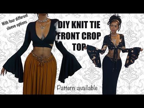 DIY RYA Knit Tie Front Bell Sleeve Crop Top | Pattern Available - YouTube Diy Clothes Patterns, Bell Sleeve Crop Top, Crop Top Pattern, Morticia Addams, Diy Clothes Design, Crochet Fashion Patterns, Knit Tie, Top Sewing Pattern, Pattern Store