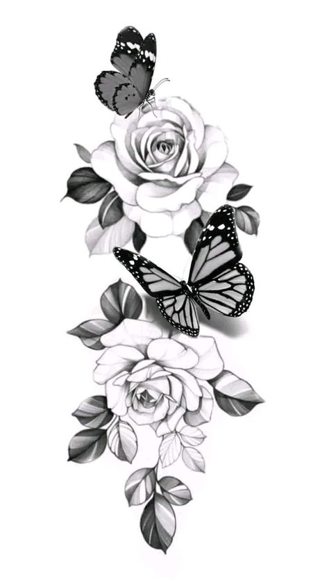 Roses With Butterfly Tattoo, Rose And Butterfly Tattoo Thigh Piece, Fine Line Butterfly Tattoo Design, Rose Butterfly Tattoo Design, Roses And Butterflies Tattoo, Butterfly And Roses Tattoo, Flowers And Butterflies Tattoos, Rose And Butterfly Tattoo Design, Roses And Butterfly Tattoo