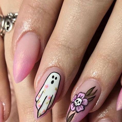 Janelle Akers on Instagram: "Anytime is spooky time 💀 #ghostnails #halloweennails" Pink Ghosts Nails, Pastel Spooky Nails, Ghost Flower Nails, Ghost Nails, Spooky Nail, Skull Nail Art, Horror Nails, Halloween Foods, Spooky Nails