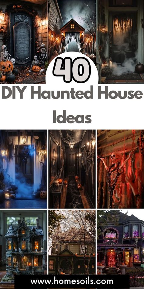 Transform your space with these 40 DIY haunted house ideas! From creepy cobwebs and eerie lighting to DIY gravestones and spooky sound effects, create a terrifyingly fun haunted house that will thrill and scare your guests, perfect for any Halloween celebration. Halloween Haunted Hallway Ideas, Making A Haunted House, Vampire Lair Decorations, Diy Haunted House Ideas Outdoor, How To Make A Haunted House, Haunted House Ideas Diy, Garage Haunted House Ideas, Diy Gravestones, Diy Haunted Dollhouse Ideas