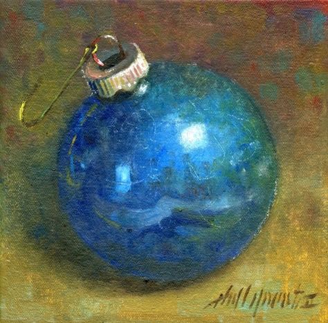 Christmas Fine Art, Painting Shelves, Ornament Painting, Blue Christmas Ornaments, Christmas Paintings On Canvas, Christmas Card Art, Daily Painting, Christmas Paintings, Christmas Illustration