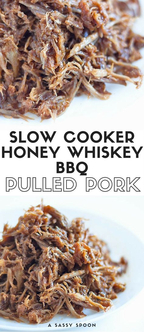 Sweet, boozy, easy-to-make homemade honey whiskey barbecue sauce on top of smokey, slow cooked shredded pulled pork! via /asassyspoon/ Whiskey Pulled Pork Slow Cooker, Bourbon Pulled Pork Slow Cooker, Jack Daniels Bbq Pulled Pork, Boozy Food Ideas, Recipes Using Whiskey, Honey Bbq Pulled Pork, Whiskey Dinner Recipes, Food With Whiskey, Recipes With Whiskey Food