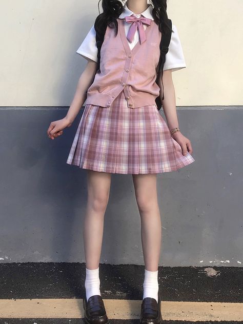 Cute Pink Uniform, Cute Pink School Outfits, Pink Uniform Aesthetic, Pink Outfit School, Japanese School Aesthetic Uniform, Kawaii Outfit Ideas For School, Korean Outfits Pink, Cute Pink Aesthetic Outfits, Kawaii School Outfits