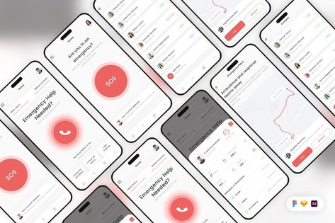 Emergency & SOS Call Mobile App UI Kit App Wireframe, Character Sketching, Mobile App Interface, Notification App, App Home Screen, App Design Layout, Modern Mobile, Industrial Safety, Vibe Check