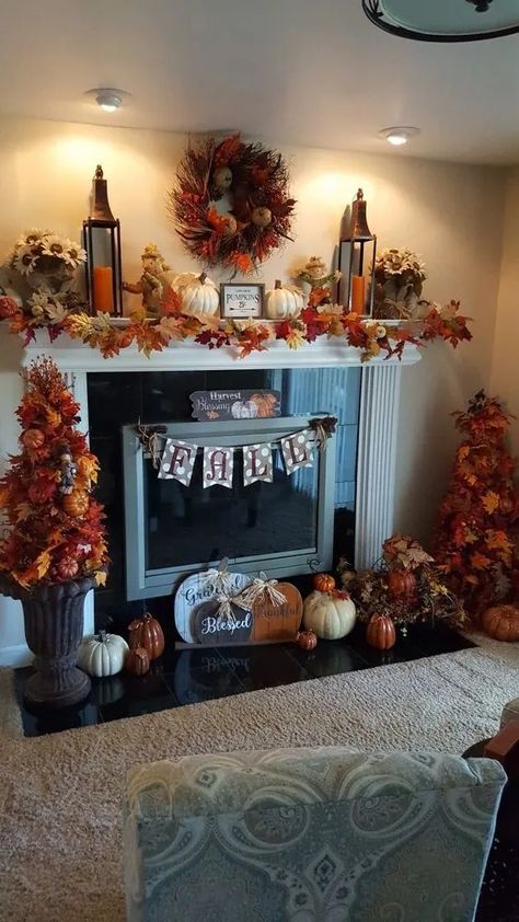 50+ Fall Decorating Ideas for a Cozy Autumn Season - Dengarden August Fireplace Decor, Fall Mantle Decor With Lanterns, Harvest Mantle Decor, Fall Chimney Decor Fire Places, Fall Decor Mantle Ideas, Pumpkin Mantel Decor, Fall Decorated Fireplaces, Decorating A Mantle For Fall, Fall Decor For Fireplace Mantel