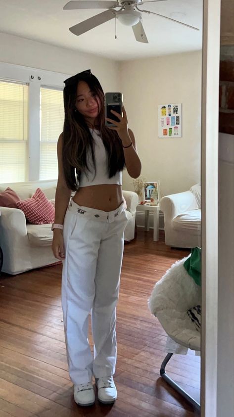 #fashion #aesthetic #neutral white dickies pants summer style #summer #outfitideas #outfits #outfitstyle White Puffer Outfit, Dickies Pants Outfits Women, Dickies Outfit, White Dickies, Puffer Outfit, White Pants Outfit, Aesthetic Neutral, White Puffer, Outfit Mujer