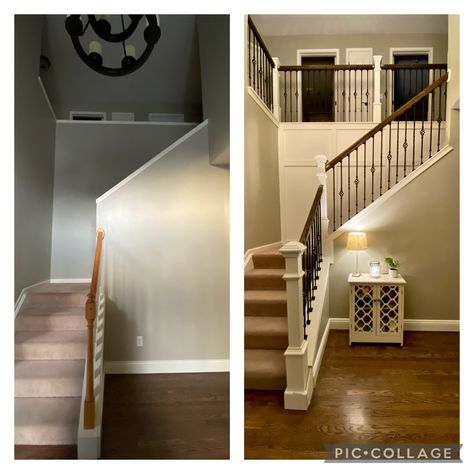 Open Half Wall Stairs, Half Wall Vs Railing, Staircase With Half Wall, Half Wall To Banister, Open Staircase Makeover, How To Open Staircase Wall, Stairwell Halfwall, Open Up Staircase Wall Before And After, Townhome Stairs