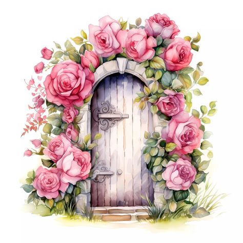 Premium AI Image | Fairy door with flowers watercolor clipart Fairy Door Watercolor, Garden Watercolor Illustration, Painted Fairy Doors, Fairy Door Drawing, Flower Fairy Art, Door With Flowers, Fairy Garden Drawing, Door Clipart, Aesthetic Clipart