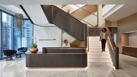 Bank of America Chicago | IA Interior Architects Stair Office Design, Reception Desk Under Staircase, Bank Interior Design Waiting Area, Commercial Vestibule Design, Bank Lobby Design, Bank Lobby Interior Design, Reception Under Stairs, Bank Reception Design, Modern Bank Interior Design