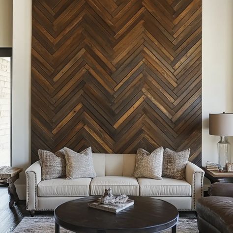 Chevron pattern wood slat wall Staggered Slat Wall, Wood Accent Wall Pattern, Chevron Pattern Wood, Slat Wall Ideas, Diy Wood Slat Wall, Barnwood Accent Wall, Rustic Backsplash, Neutral Flooring, Industrial Style Decor