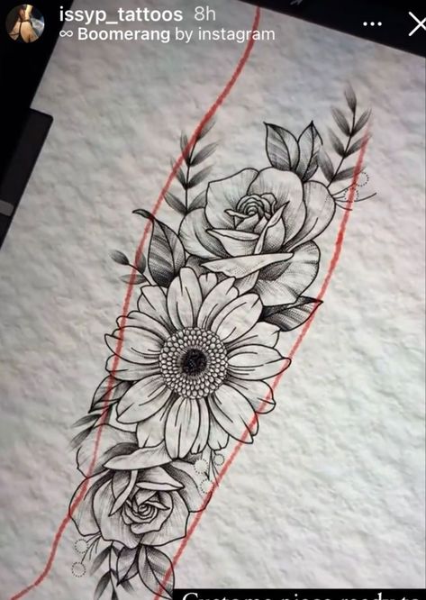 Roses Sunflowers Tattoo, Sunflower Rose Tattoo Design, Roses And Sunflowers Tattoo Half Sleeves, Sunflower And Roses Tattoo, Roses And Sunflowers Tattoo, Sunflower Tattoo Sketch, Rose And Sunflower Tattoo, Sunflower And Rose Tattoo, Unique Half Sleeve Tattoos