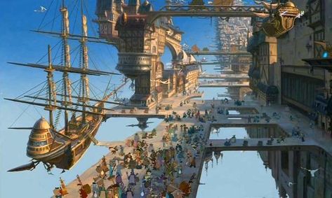 Décor Steampunk, Steampunk Airship, Space Fantasy, Treasure Planet, Fantasy City, Fantasy Places, Fantasy Setting, Steampunk Art, Fantasy Art Landscapes