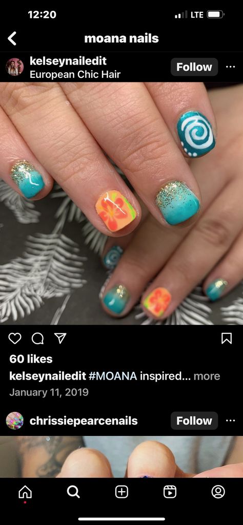 Disney Tropical Nails, Moana Nails Acrylic, Disney Beach Nails, Moana Nails Disney, Moana Inspired Nails, Moana Nail Art, Moana Nails, Moana Makeup, Frozen Nail Art