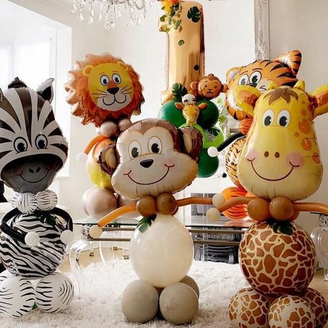 Jungle Animals Party, Foil Number Balloons, 9th Birthday Parties, First Birthday Decorations, Birthday Party Balloon, Party Animals, Safari Birthday, Jungle Animal, Balloon Backdrop