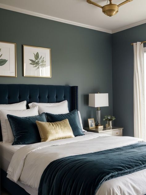 Teal And Gold Bedroom, Teal Bedroom Decor, Navy Bedrooms, Dark Blue Bedrooms, Blue Bedroom Design, Navy Blue Bedrooms, Gold Bedroom Decor, Teal Decor, Teal Bedroom