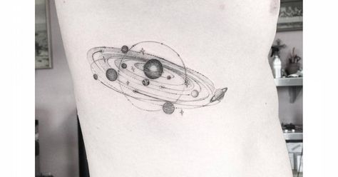 Tattoo Artist: Dr. Woo. Tags: styles, Fine Line, Astronomy, Solar System. Body parts: Side. Atom Tattoo, Astronomy Tattoo, Saturn Tattoo, Solar System Tattoo, Stick Poke Tattoo, Planet Tattoos, Stick N Poke, Galaxy Tattoo, Space Tattoo